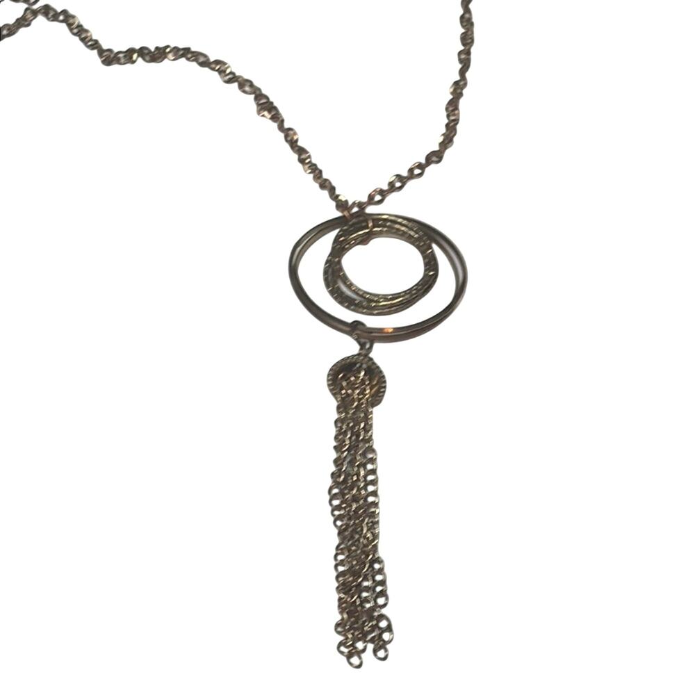 Gold Tone Double Circle Pendant Necklace Long Tassel Drop 24” Modern